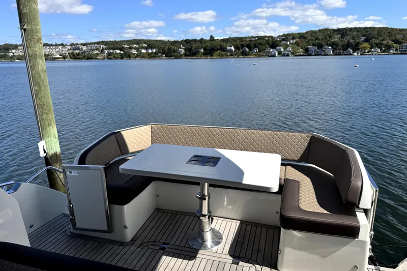  Yacht Photos Pics Luxury seating area on 2023 Galeon 425 HTS yacht, overlooking serene waters.