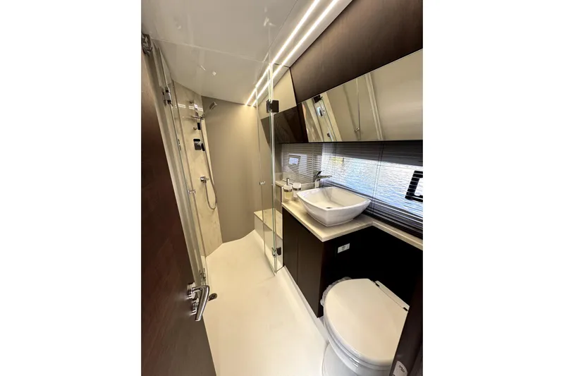 Yacht Photos Pics Luxurious bathroom interior of 2023 Galeon 425 HTS yacht, featuring modern fixtures and elegant design.