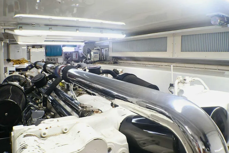  Yacht Photos Pics Engine room of 2001 Donzi 73 Sport Yacht with polished metal components.