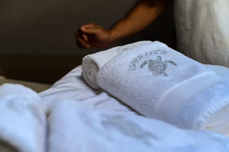 Esperance Yacht Photos Pics Luxurious embroidered towel on Lagoon 55 yacht, 2024 model, featuring a turtle design.