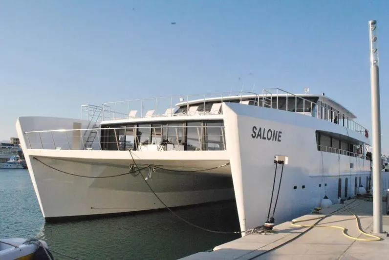Salone Yacht Photos Pics 2015 Power Catamaran docked at marina.