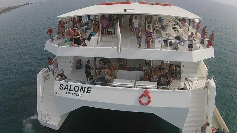 Salone Yacht Photos Pics 2015 Power Catamaran Salone with passengers enjoying a cruise near Limassol.