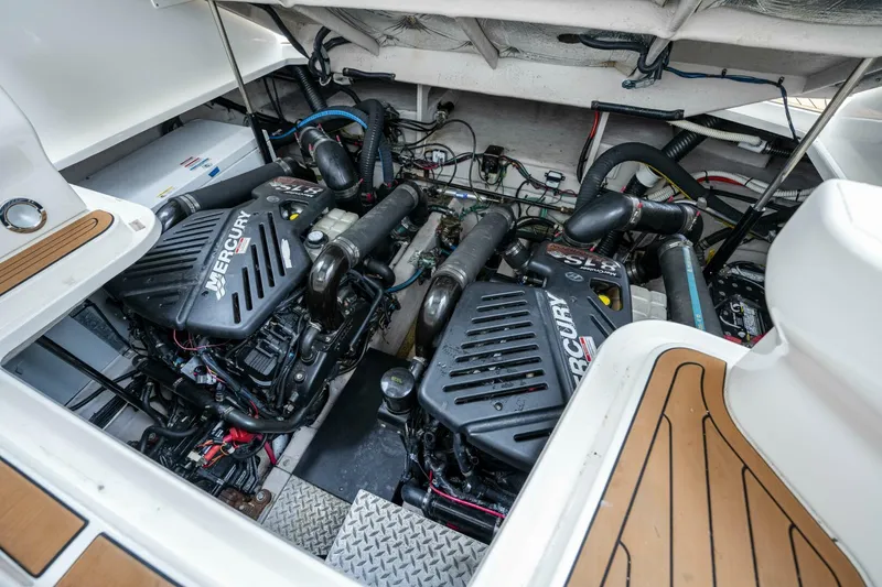  Yacht Photos Pics Engine compartment of 2008 Sea Ray 38 Sundancer with twin Mercury engines.