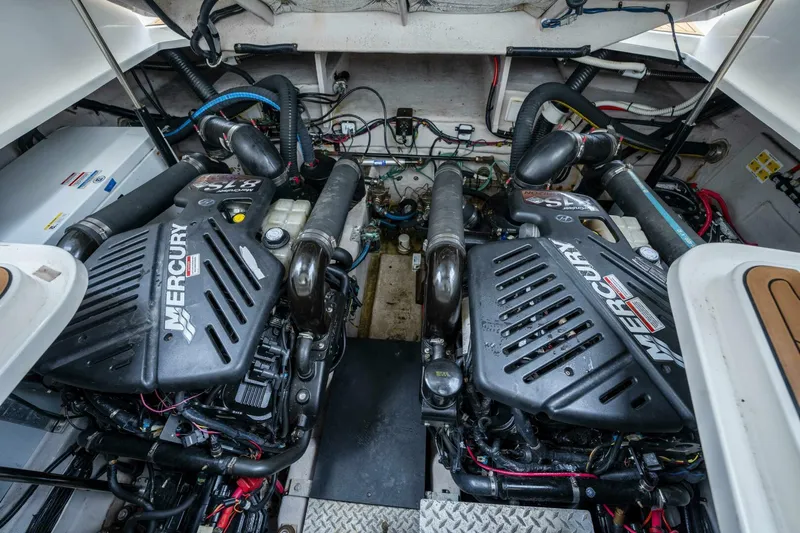  Yacht Photos Pics Engine room of 2008 Sea Ray 38 Sundancer with twin Mercury engines.
