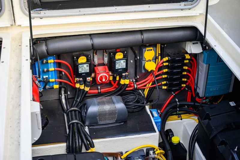  Yacht Photos Pics Electrical system of a 2020 Targa 32 boat, featuring wiring and components.
