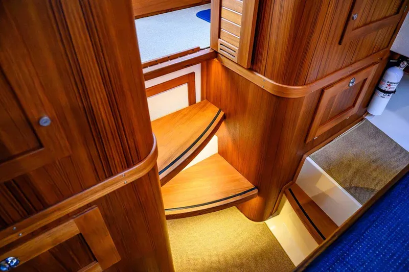  Yacht Photos Pics Interior of 2020 Targa 32 boat with wooden stairs and cabinetry.