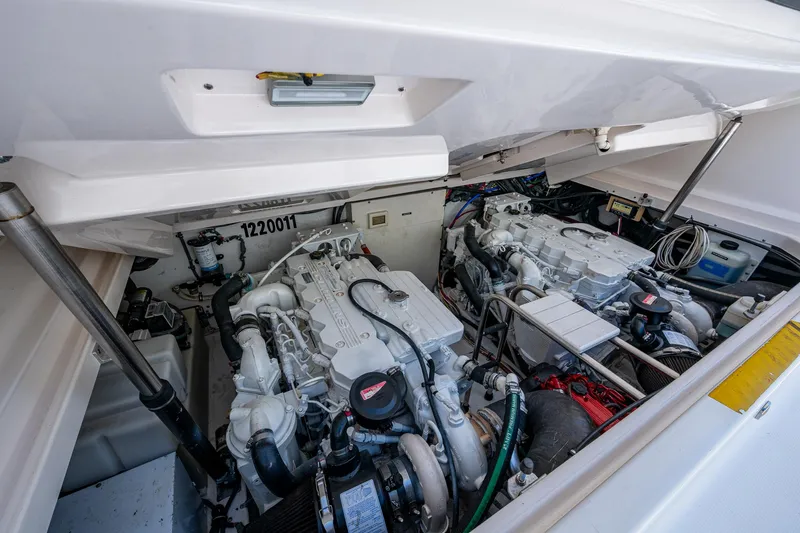  Yacht Photos Pics Engine compartment of a 2008 Tiara Yachts 3200 Open, showcasing dual engines.