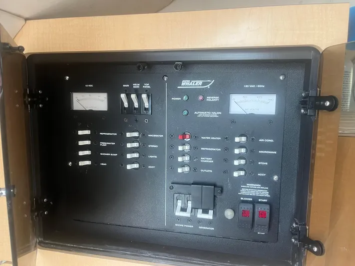  Yacht Photos Pics Electrical panel of a 2002 Boston Whaler 295 Conquest WA boat.