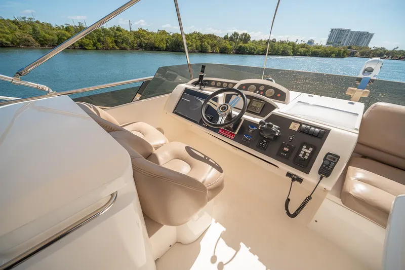 Ahdorned Yacht Photos Pics Helm of 2009 Princess F54 yacht with modern controls and scenic water view.