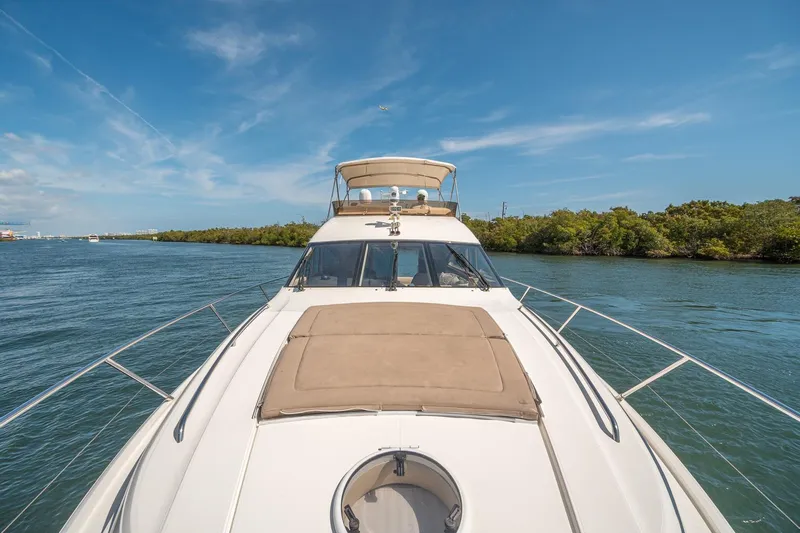 Ahdorned Yacht Photos Pics 2009 Princess F54 yacht cruising on a scenic river under a clear blue sky.