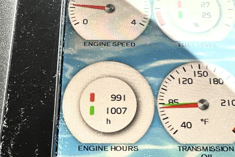 Cyctrade Yacht Photos Pics Dashboard gauges of a 2017 Prestige 500, showing engine speed and hours.