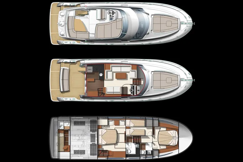 Cyctrade Yacht Photos Pics Floor plan of 2017 Prestige 500 yacht, showcasing three levels with detailed interior layout.