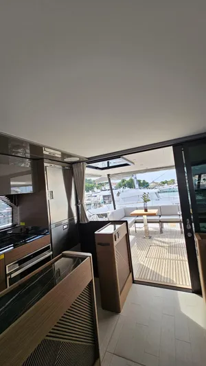 Diamond Si Yacht Photos Pics Interior of 2024 Prestige M48 yacht with modern design and outdoor view.