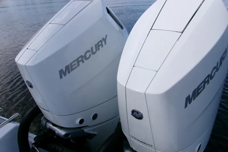  Yacht Photos Pics Twin Mercury outboard engines on a 2025 Sportsman Open 322 Center Console boat.