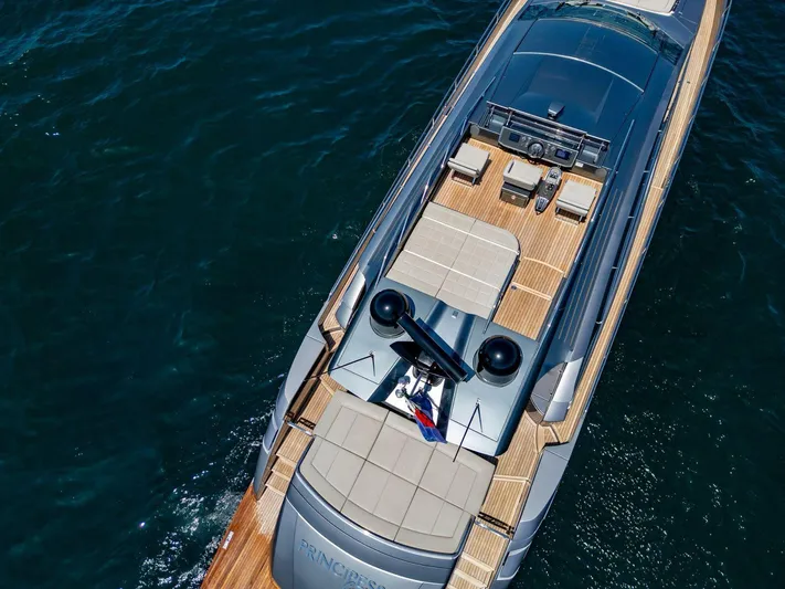  Yacht Photos Pics Aerial view of 2019 Pershing 82 yacht with sleek design and spacious deck.
