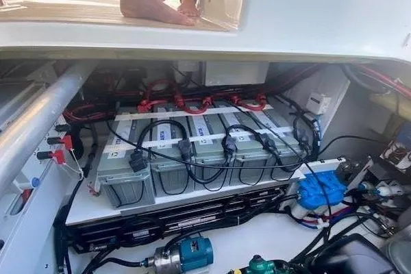 Endeavour Yacht Photos Pics Battery compartment of a 2020 Fountaine Pajot Saona 47 catamaran, showcasing electrical systems.