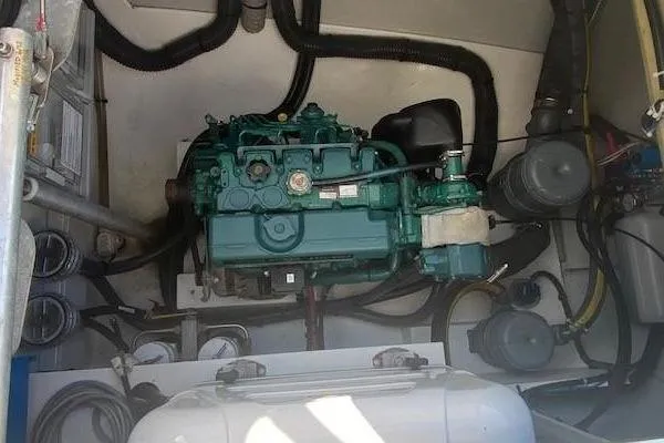 Endeavour Yacht Photos Pics Engine compartment of a 2020 Fountaine Pajot Saona 47 catamaran, showcasing mechanical components.