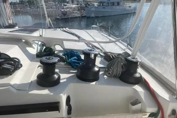Endeavour Yacht Photos Pics Deck of 2020 Fountaine Pajot Saona 47 catamaran with winches and ropes.