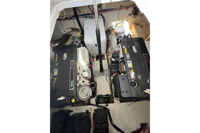 Life Of Leisure II Yacht Photos Pics Engine room of 2013 Cruisers Yachts 380 Express with dual Volvo Penta engines.
