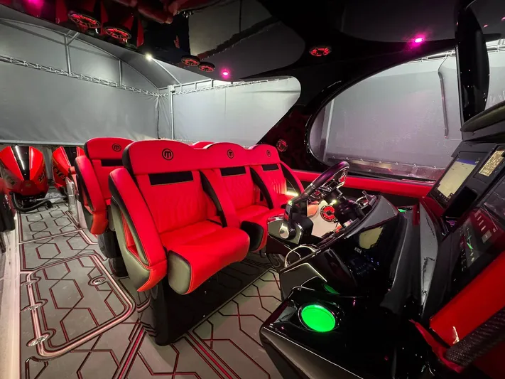  Yacht Photos Pics Luxurious 2018 Mystic Powerboats M4200 interior with red seating and advanced control panel.