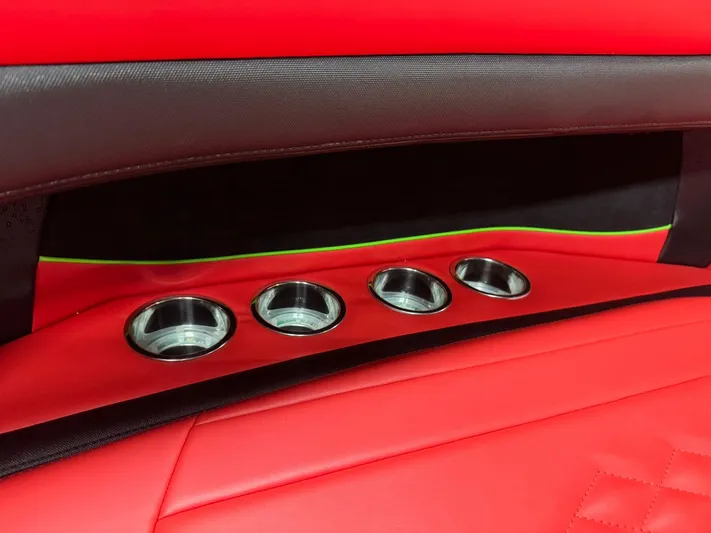  Yacht Photos Pics Red interior of 2018 Mystic Powerboats M4200 with four stainless steel cup holders.