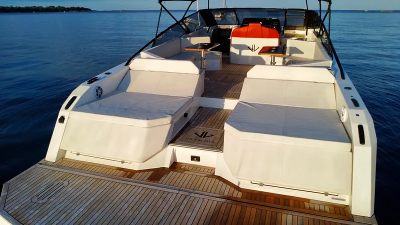 Ischia Yacht Photos Pics 2024 BB Yachts 44 Ischia luxury yacht with spacious deck and seating on calm water.