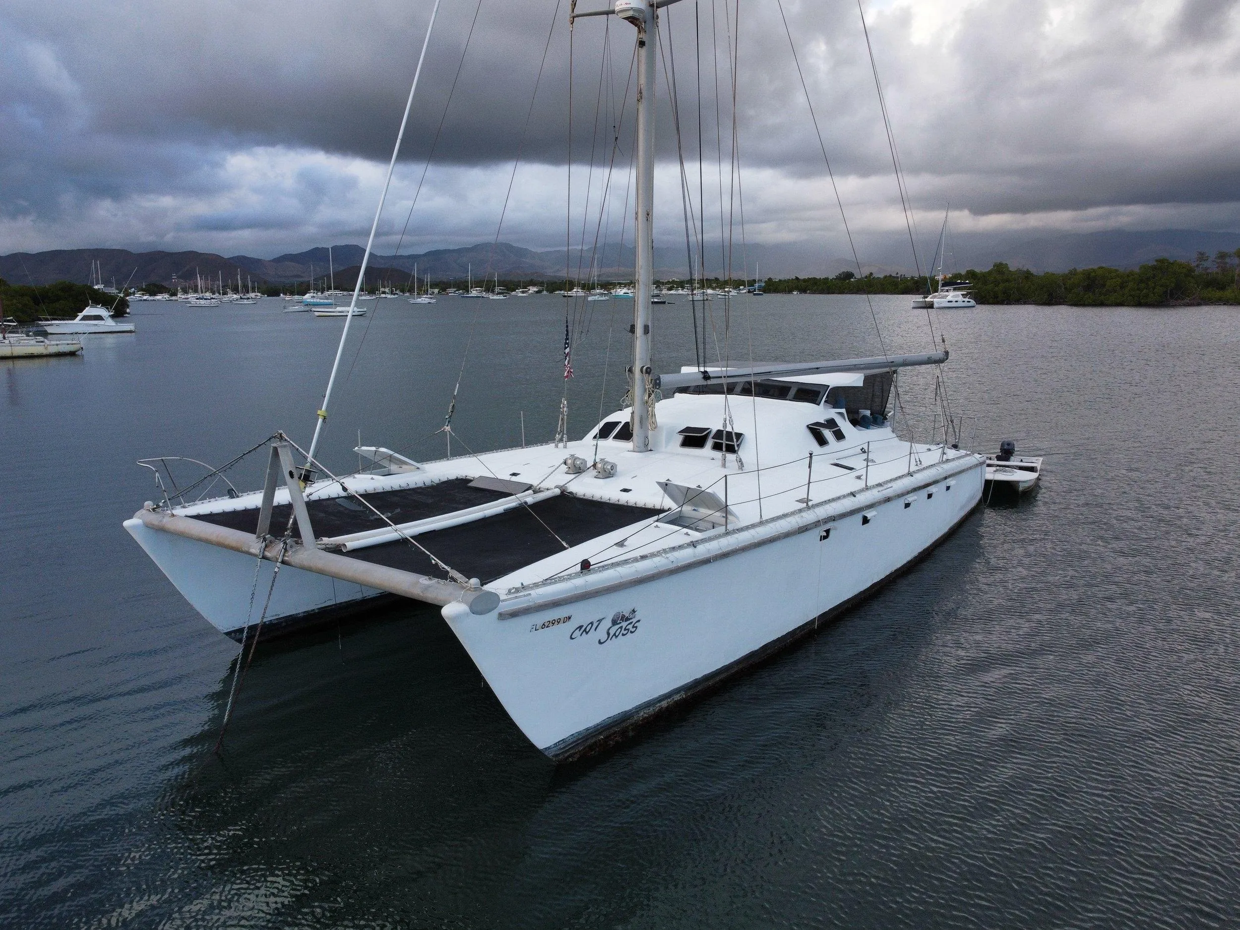 1972 Custom 53 Catamaran sailing on calm waters under cloudy skies.