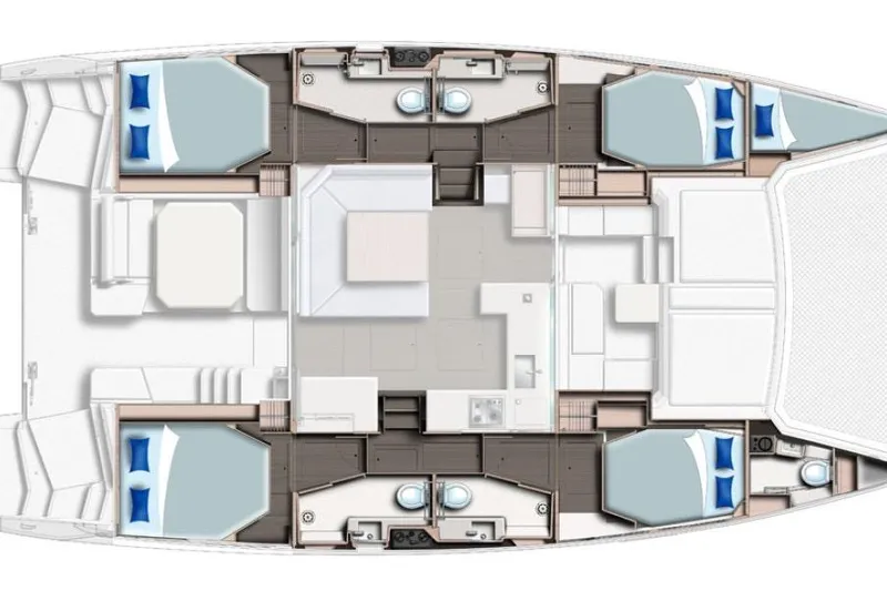 Ce Ya Yacht Photos Pics Floor plan of a 2021 Leopard 45 catamaran, featuring cabins and bathrooms.