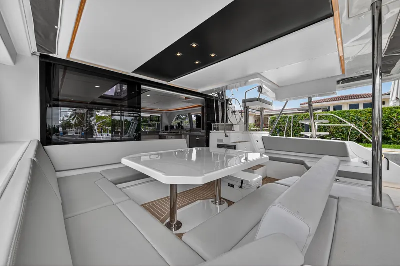 Sundecker Yacht Photos Pics Luxurious 2021 Leopard 45 yacht interior with sleek seating and modern design.