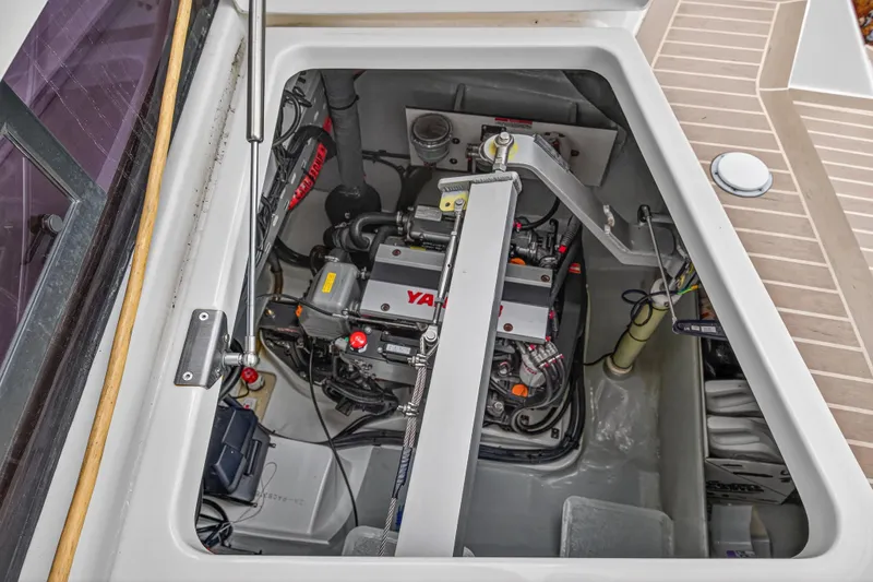 Sundecker Yacht Photos Pics Engine compartment of a 2021 Leopard 45 yacht, featuring a Yanmar engine.