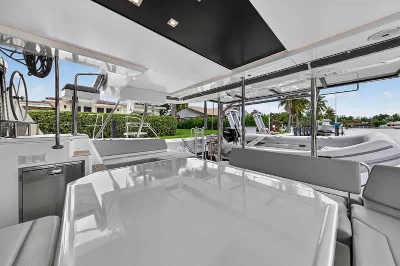 Sundecker Yacht Photos Pics Luxurious 2021 Leopard 45 yacht interior with sleek seating and modern design.