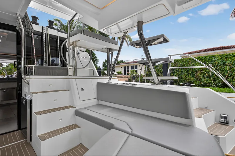 Sundecker Yacht Photos Pics Modern Leopard 45 yacht interior, featuring sleek seating and elegant design, 2021 model.