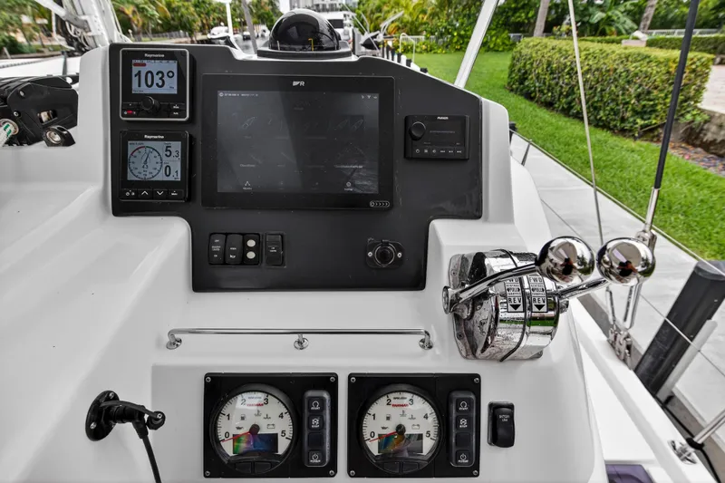 Sundecker Yacht Photos Pics Leopard 45 yacht helm with navigation instruments and controls, 2021 model.