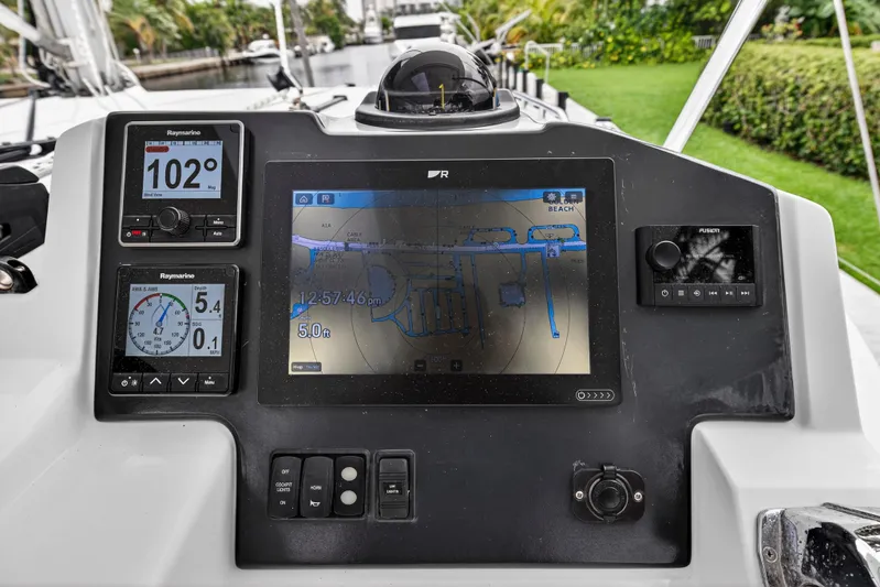 Sundecker Yacht Photos Pics Leopard 45 yacht navigation dashboard with digital displays and controls, 2021 model.