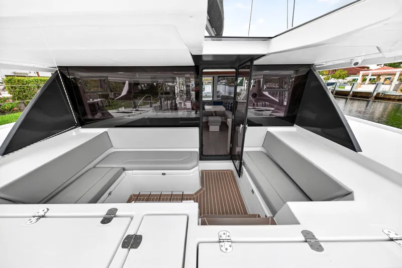 Sundecker Yacht Photos Pics 2021 Leopard 45 yacht interior with sleek seating and modern design.