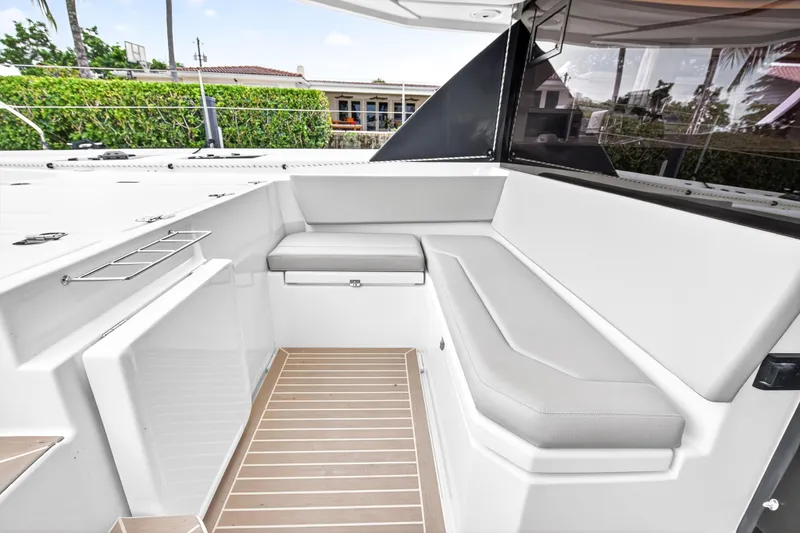 Sundecker Yacht Photos Pics 2021 Leopard 45 yacht interior with sleek seating and modern design.