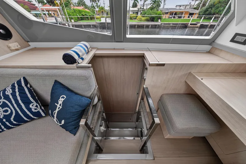 Sundecker Yacht Photos Pics Interior of 2021 Leopard 45 yacht with modern seating and nautical decor.