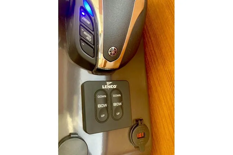  Yacht Photos Pics Control panel of 2021 Ranger Tugs R-25 boat with Lenco trim tab switches.