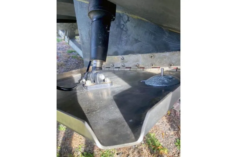  Yacht Photos Pics Close-up of 2021 Ranger Tugs R-25 trim tab and hydraulic actuator.