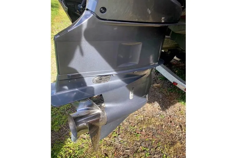  Yacht Photos Pics Close-up of 2021 Ranger Tugs R-25 boat propeller and lower unit.