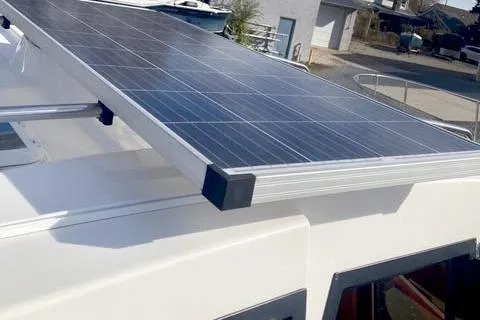  Yacht Photos Pics Solar panel on 2021 Ranger Tugs R-25 boat roof, enhancing energy efficiency.