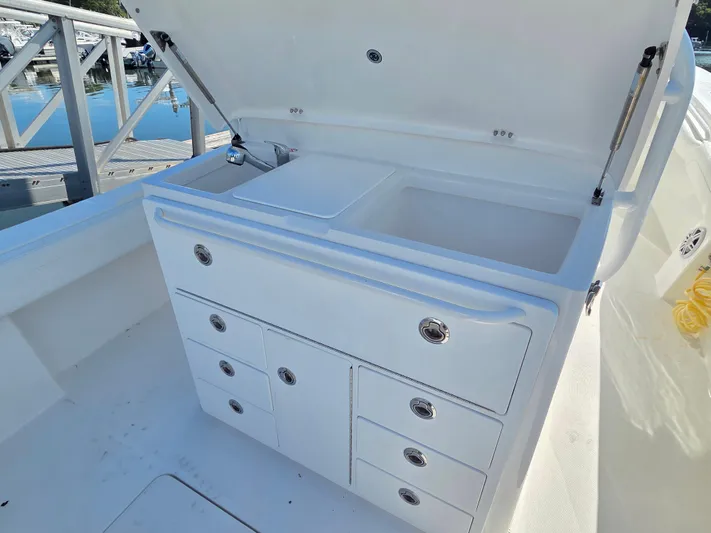 No Name Yacht Photos Pics 2021 Regulator 31 CC boat with open storage compartments and sink.