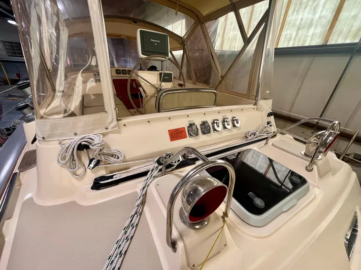 Intrepid II Yacht Photos Pics 2008 Island Packet 465 yacht cockpit with navigation equipment and steering wheel.