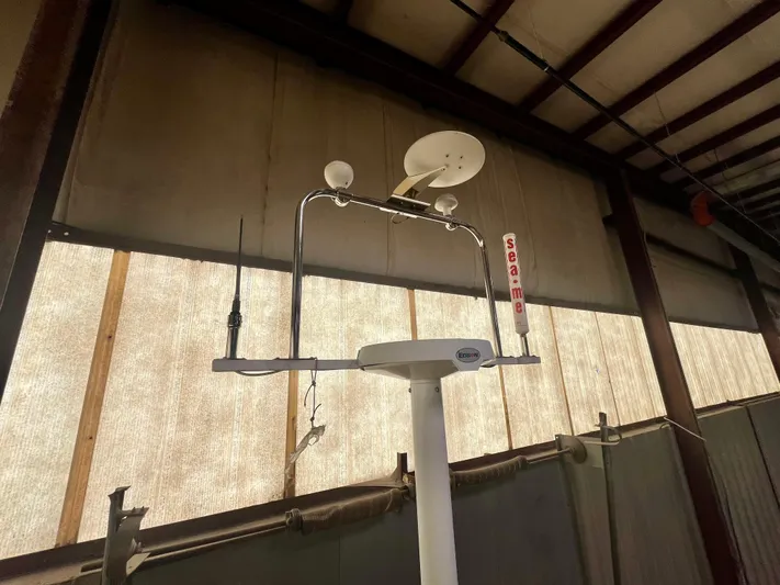 Intrepid II Yacht Photos Pics Radar and antenna setup on 2008 Island Packet 465 sailboat in a warehouse.