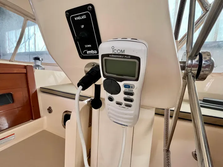 Intrepid II Yacht Photos Pics Close-up of Icom radio and windlass control on 2008 Island Packet 465 yacht.