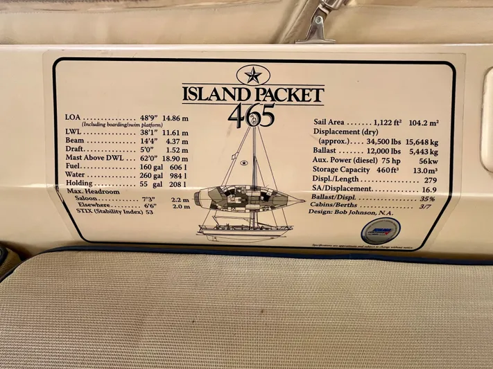 Intrepid II Yacht Photos Pics Island Packet 465 specifications plaque, 2008 model, detailing dimensions and features.