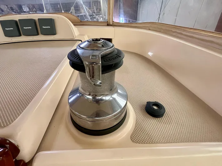 Intrepid II Yacht Photos Pics Winch on 2008 Island Packet 465 sailboat deck, featuring Raymarine equipment.
