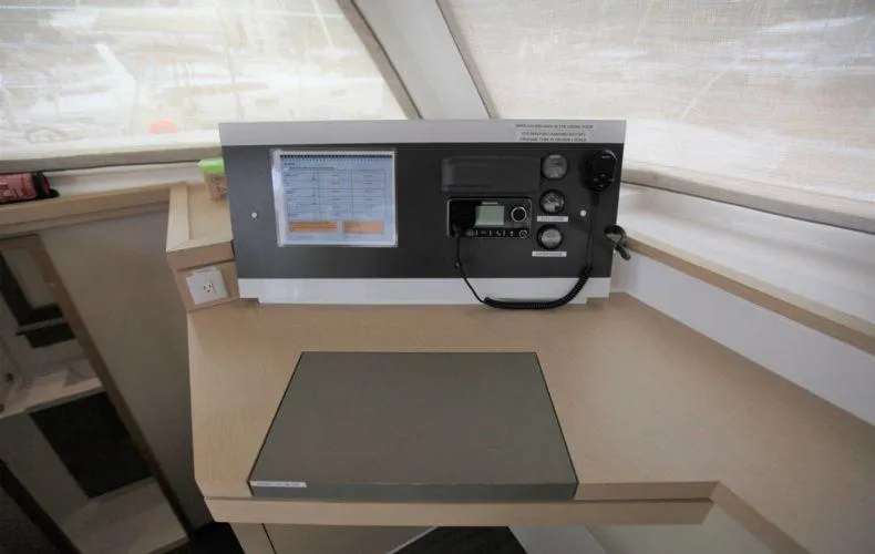 La Mer Kat Yacht Photos Pics Navigation station of 2016 Fountaine Pajot Lucia 40 catamaran with control panel and instruments.