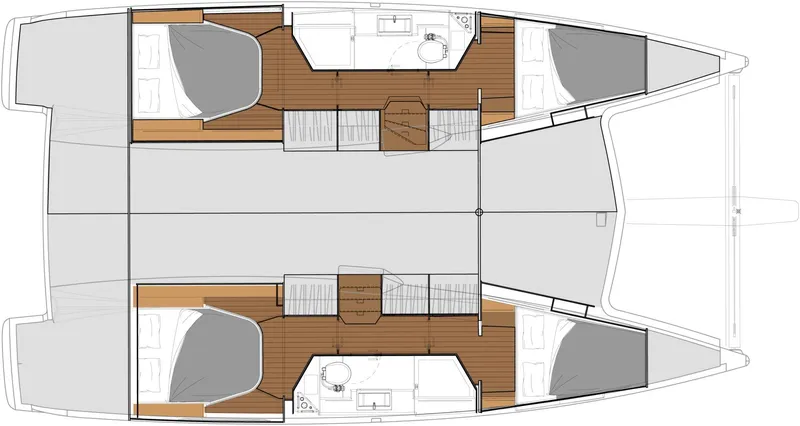 La Mer Kat Yacht Photos Pics Floor plan of 2016 Fountaine Pajot Lucia 40 catamaran, featuring cabins and bathrooms.