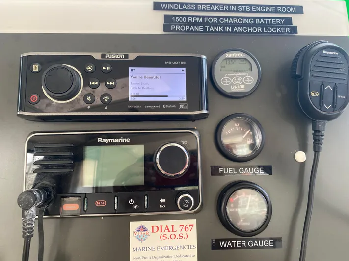 La Mer Kat Yacht Photos Pics Control panel of 2016 Fountaine Pajot Lucia 40 with gauges and communication devices.